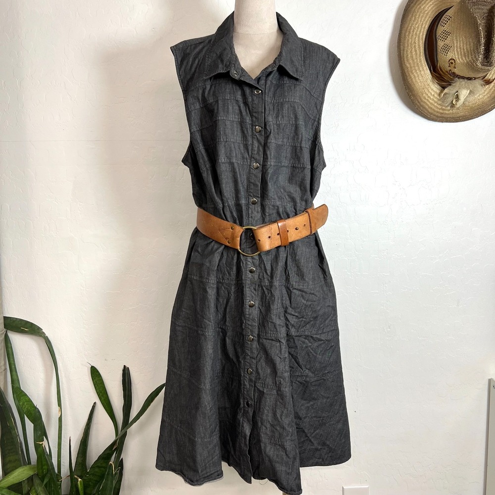 Calvin Klein Gray Denim Shirt Dress Sleeveless Snap Button Tiered Midi XL / 1X